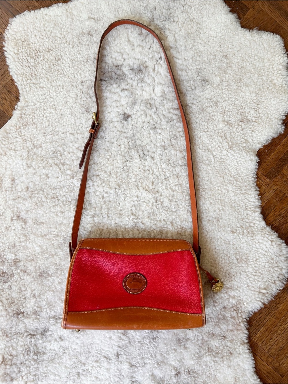 Vintage Dooney & Bourke Pebbled Leather Red Tan Crossbody Purse